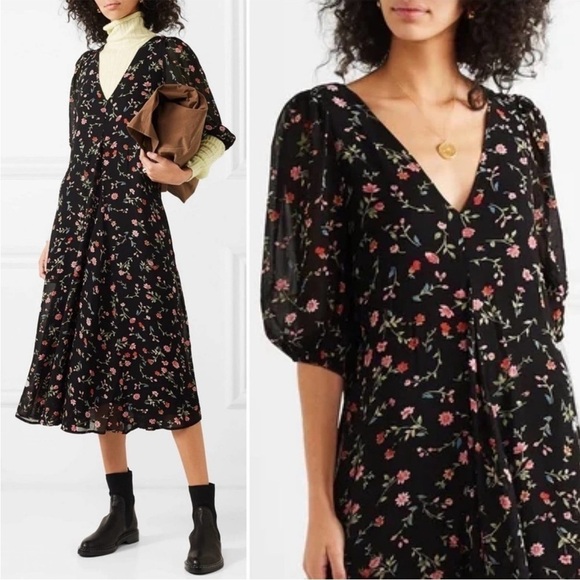 GANNI Elm Georgette Midi Dress Black/Pink Floral Size 2 - Picture 1 of 14